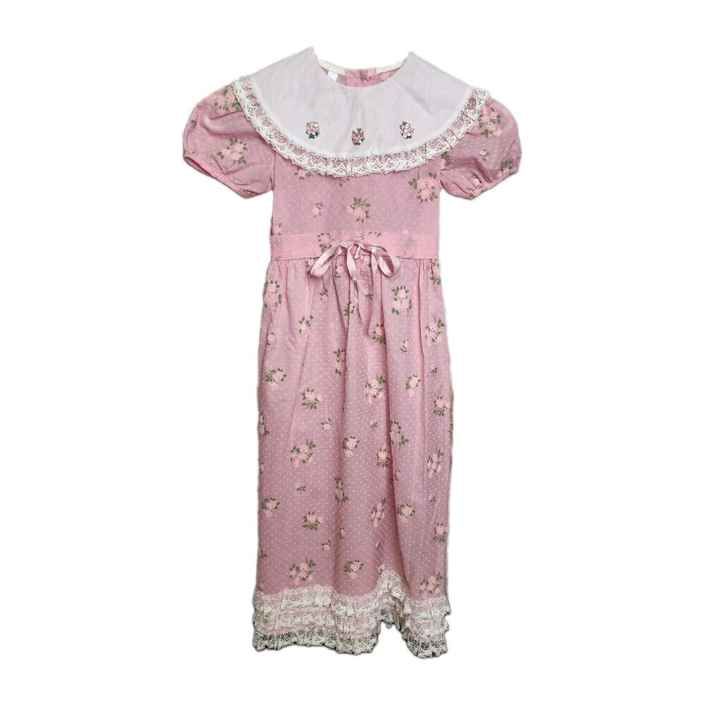 Vtg Cottagecore Prairie Floral Lace Dress Girls Size 12